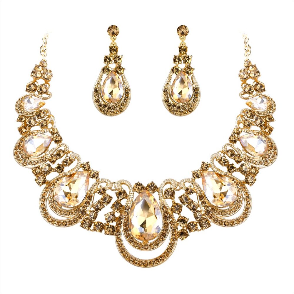 Crystal Teardrop Hollow Scroll Statement Necklace Earrings Set